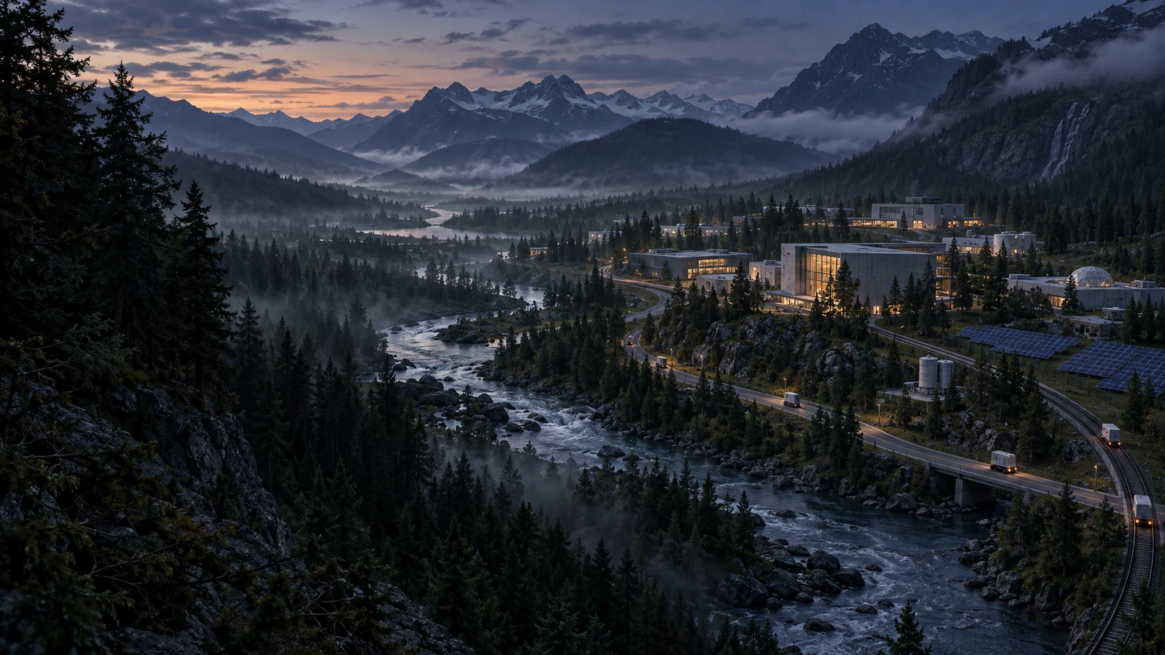 Conceptual view of an autonomous research campus with roads, rail and renewable energy in a forested mountain valley beside a river.